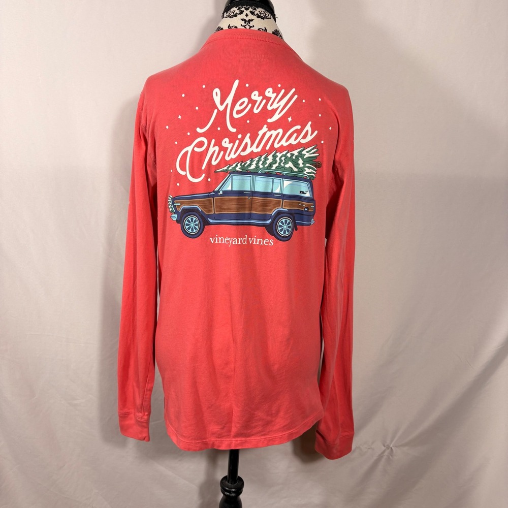 Vineyard Vines Merry Christmas Station Wagon Long Sleeve Pocket T-Shirt Pink S